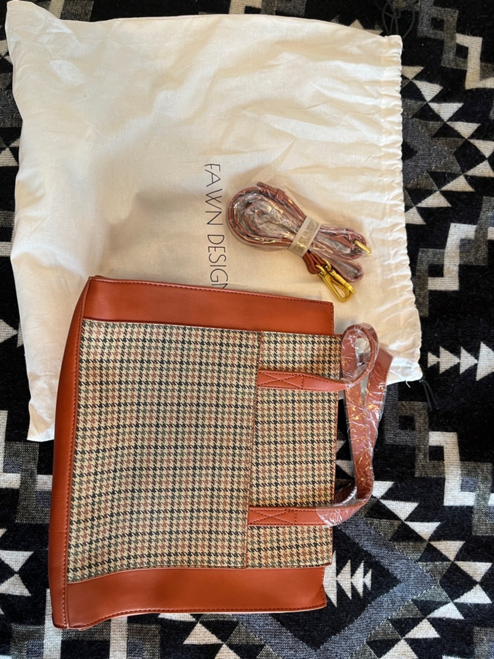 Fawn Design Brown Houndstooth Tote with Rust Leather Trim